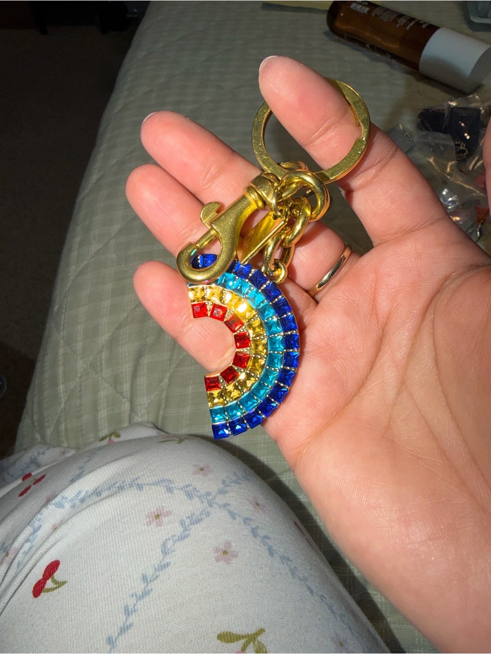 Coach Gold Tone Rainbow Crystal Keychain - Red, Yellow, Blue